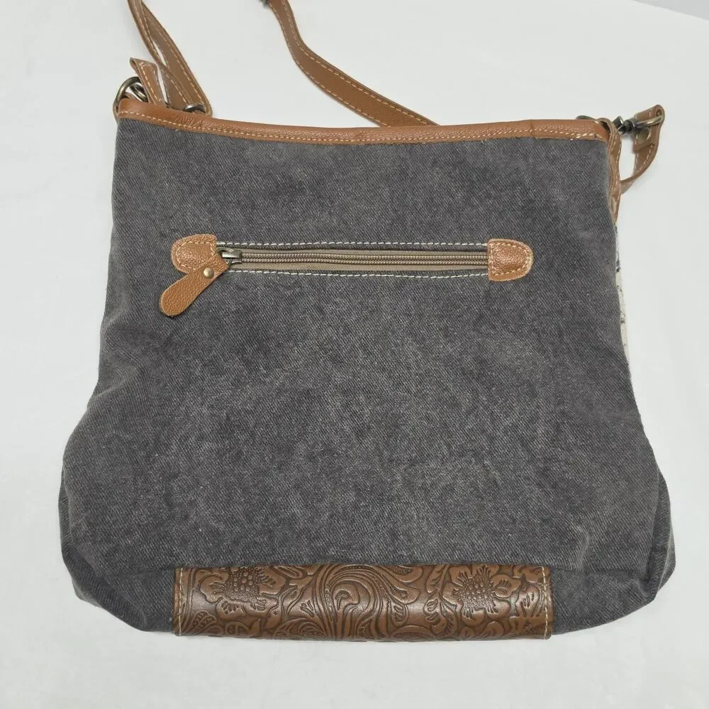 MYRA Bag Tapestry Cotton Calf Hair Tooled Leather Distressed Crossbody Western